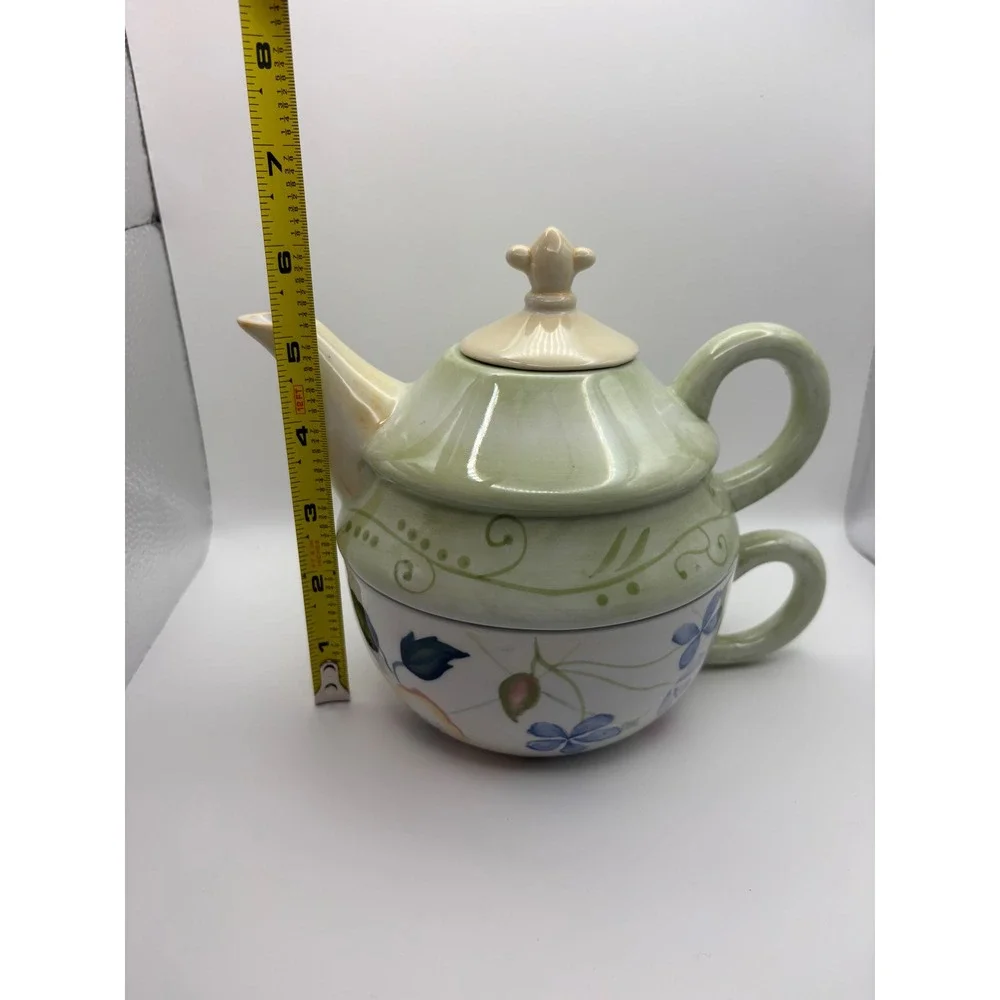 Tracy‎ Porter Hand Painted Ceramic Tea For One Set Stacking Teapot and Cup Green